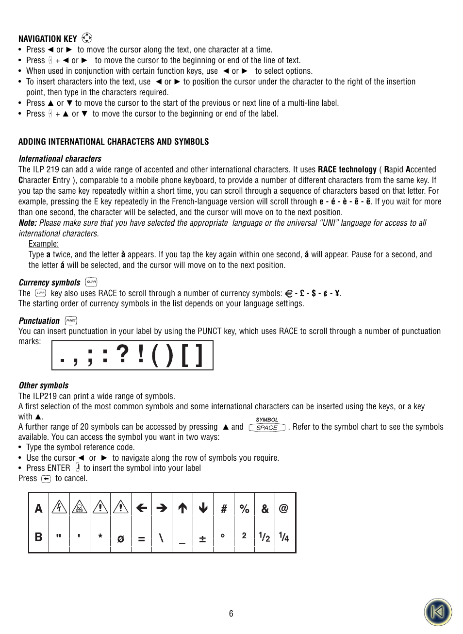 Navigation key, International characters and symbols | Dymo ILP219 User Manual | Page 9 / 40