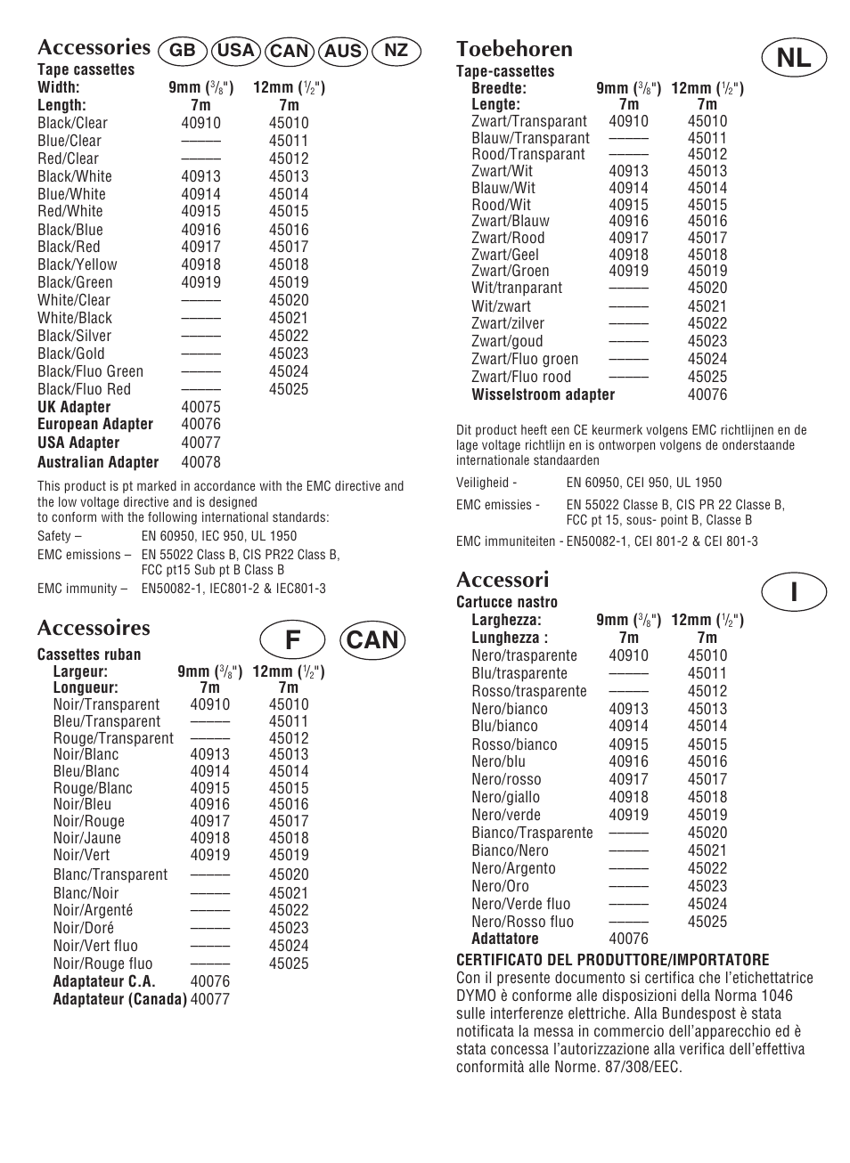 Nl i, Accessoires, Toebehoren | Accessori, Accessories | Dymo LabelManager 100 User Manual | Page 4 / 10