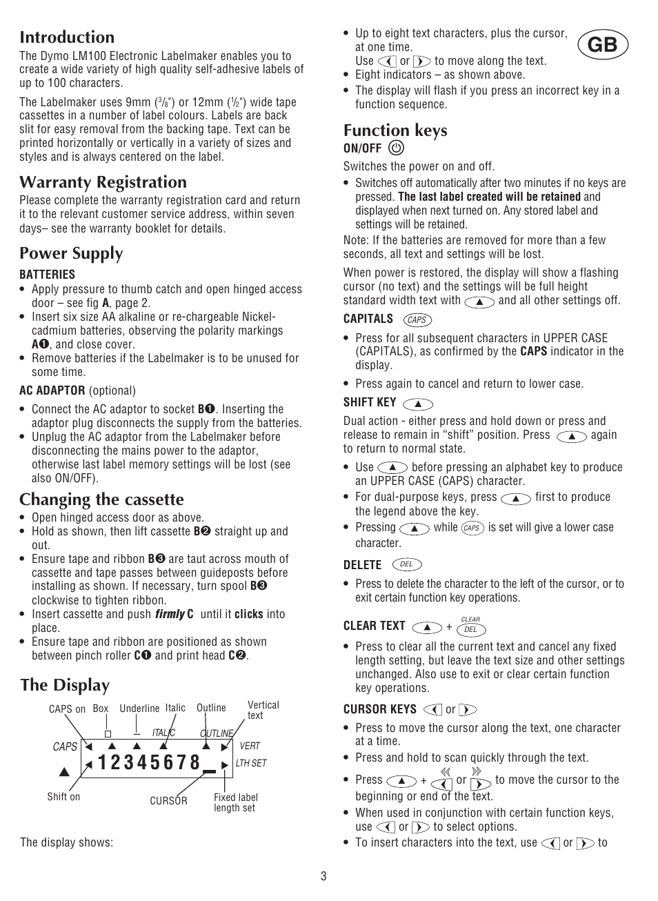 Introduction, Warranty registration, Power supply | Changing the cassette, Function keys, The display | Dymo LabelManager 100 User Manual | Page 7 / 10