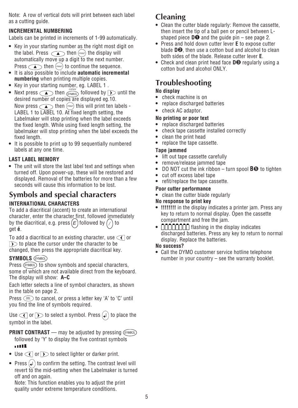 Symbols and special characters, Troubleshooting, Cleaning | Dymo LabelManager 100 User Manual | Page 9 / 10