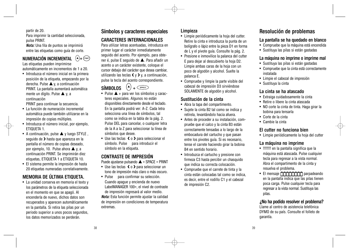 Resolución de problemas, Símbolos y caracteres especiales | Dymo LabelManager 100Plus User Manual | Page 21 / 30