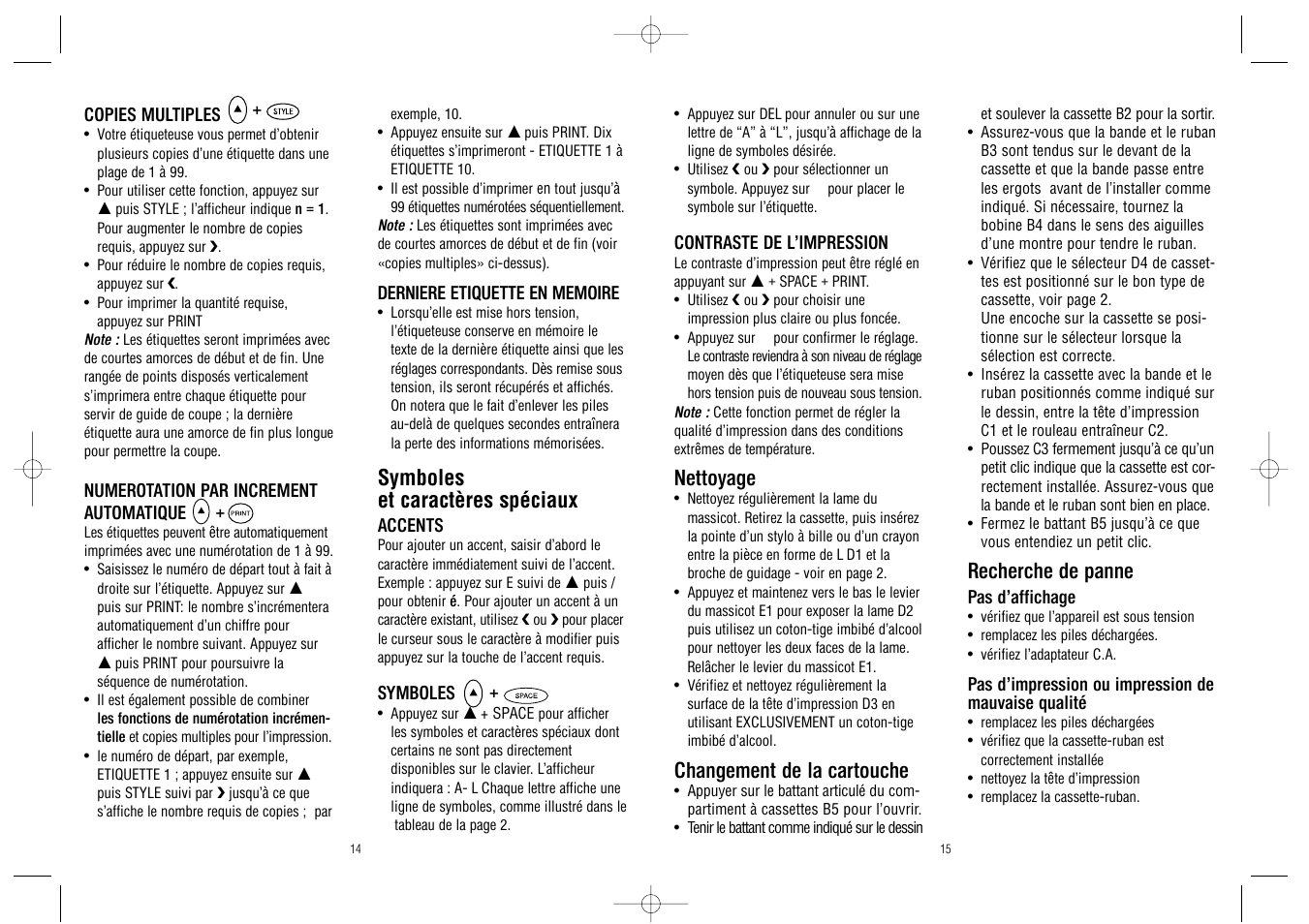 Nettoyage, Changement de la cartouche, Recherche de panne | Symboles et caractères spéciaux | Dymo LabelManager 100Plus User Manual | Page 9 / 30