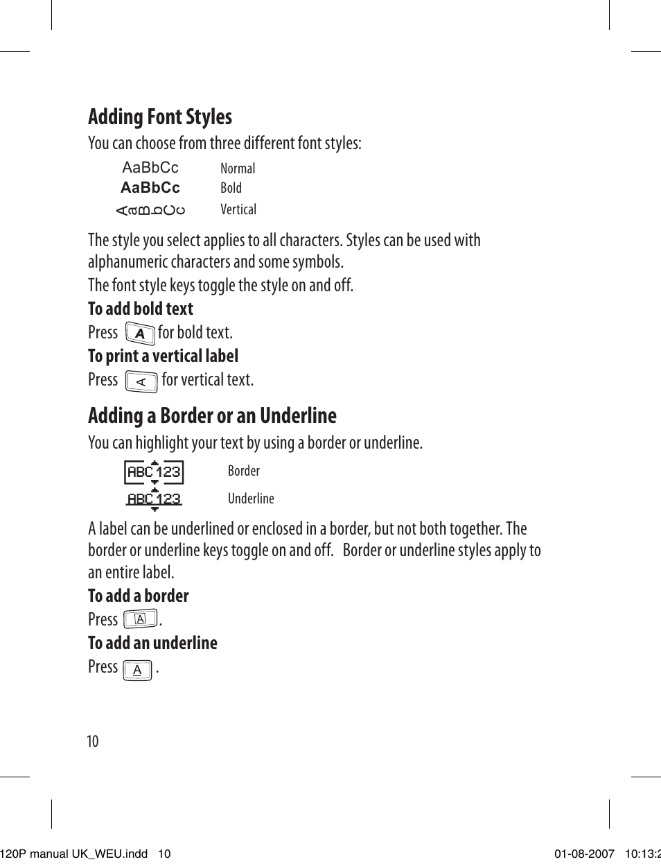 Adding font styles, Adding a border or an underline | Dymo LabelManager 120P User Manual | Page 10 / 20