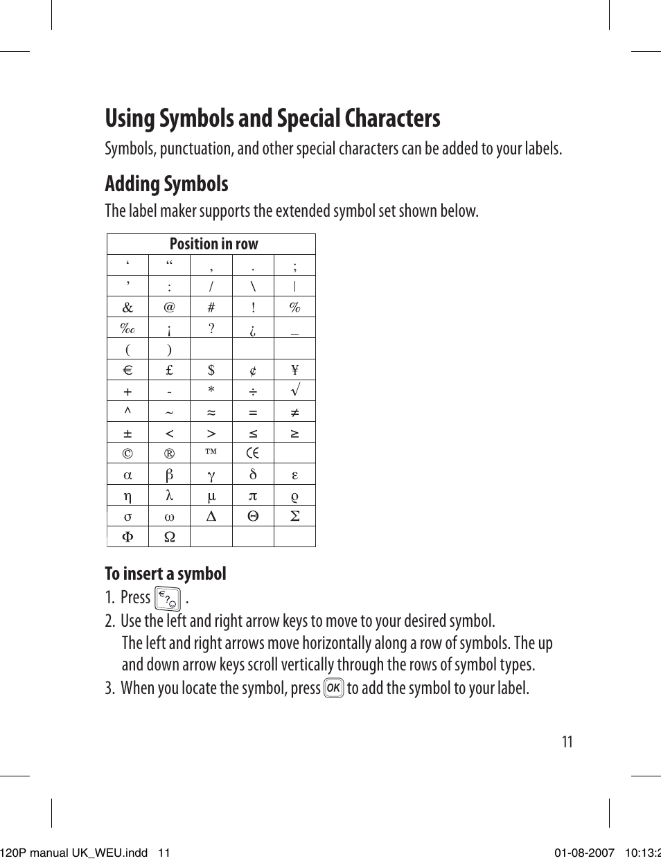 Using symbols and special characters, Adding symbols | Dymo LabelManager 120P User Manual | Page 11 / 20