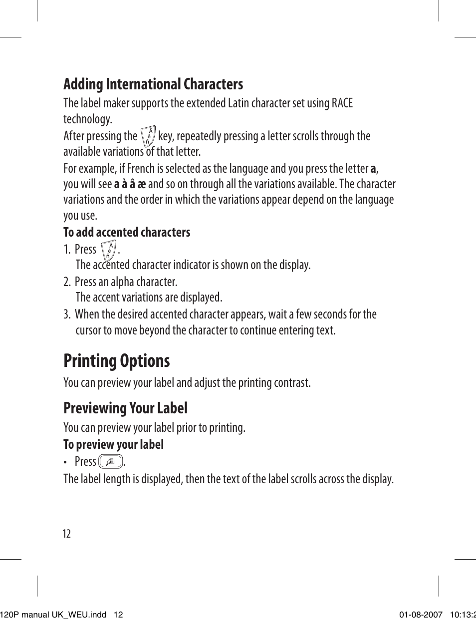 Printing options, Adding international characters, Previewing your label | Dymo LabelManager 120P User Manual | Page 12 / 20