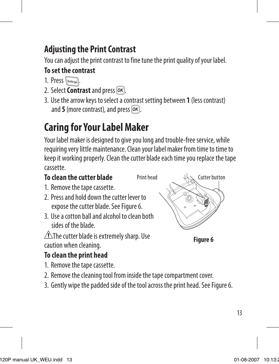 Caring for your label maker, Adjusting the print contrast | Dymo LabelManager 120P User Manual | Page 13 / 20