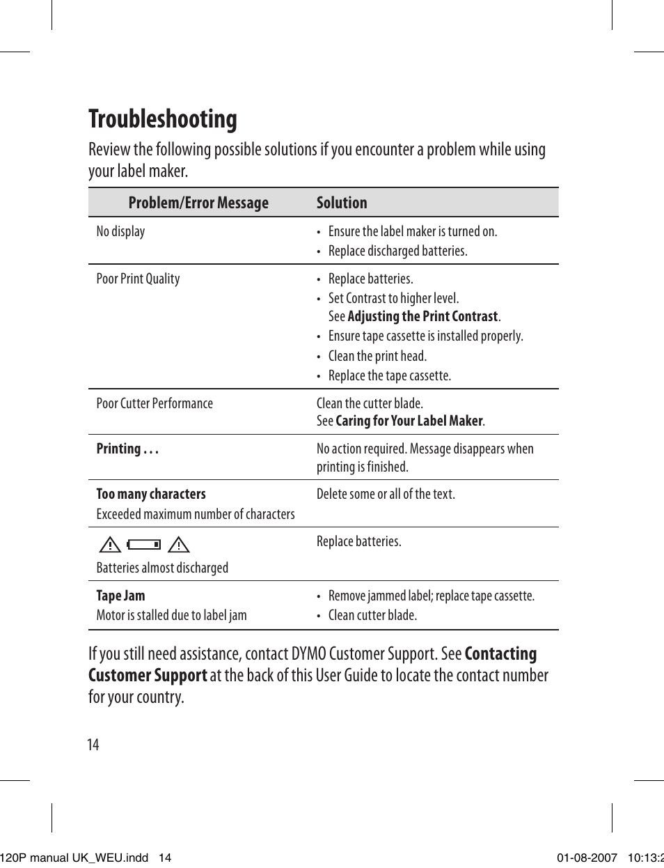 Troubleshooting | Dymo LabelManager 120P User Manual | Page 14 / 20