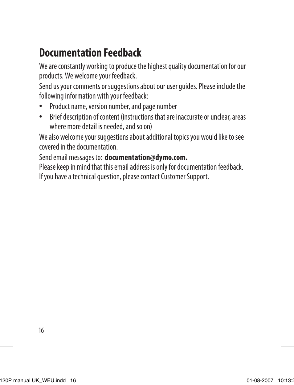 Documentation feedback | Dymo LabelManager 120P User Manual | Page 16 / 20