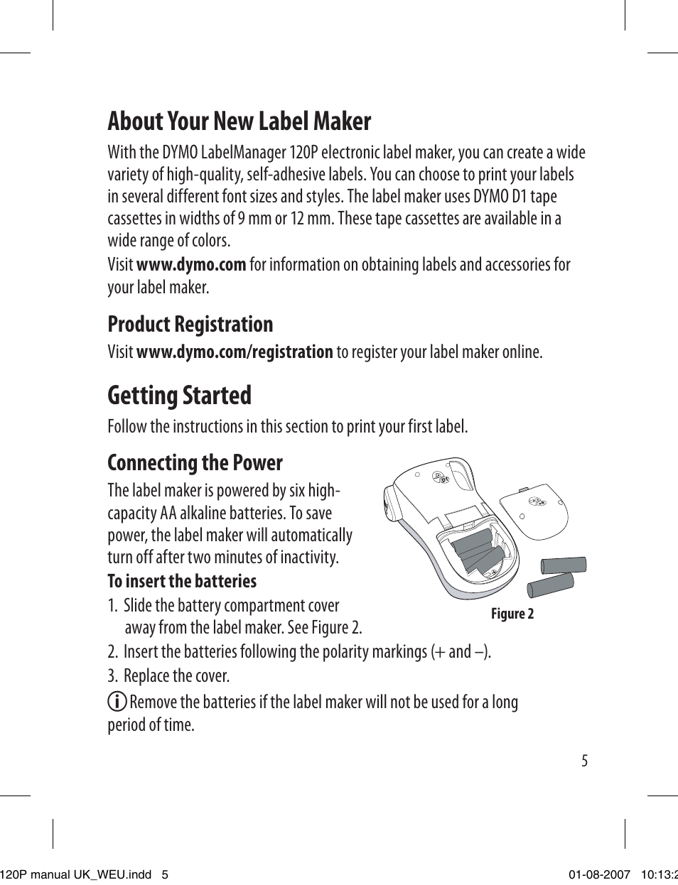 About your new label maker, Getting started, Product registration | Connecting the power | Dymo LabelManager 120P User Manual | Page 5 / 20