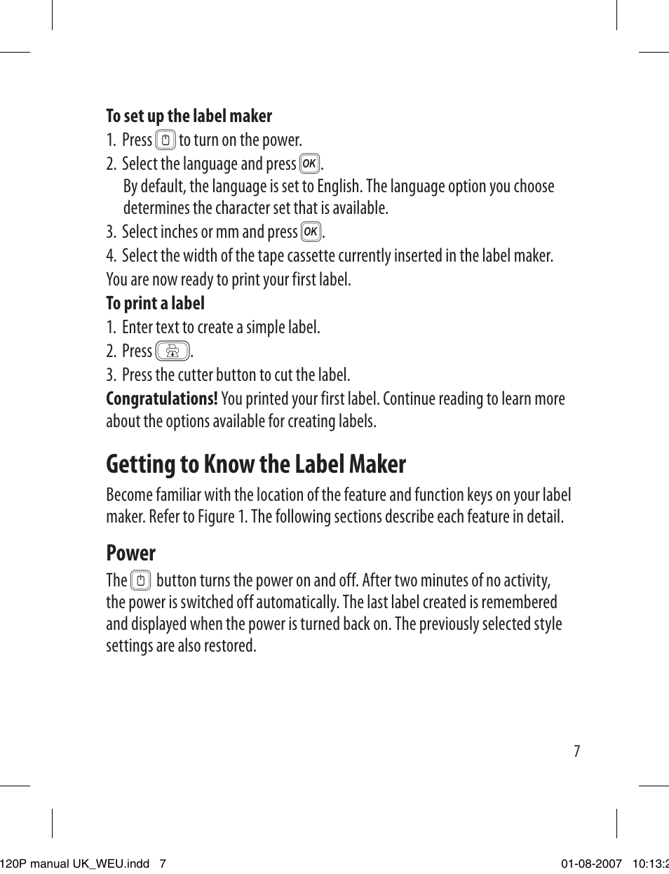 Getting to know the label maker, Power | Dymo LabelManager 120P User Manual | Page 7 / 20