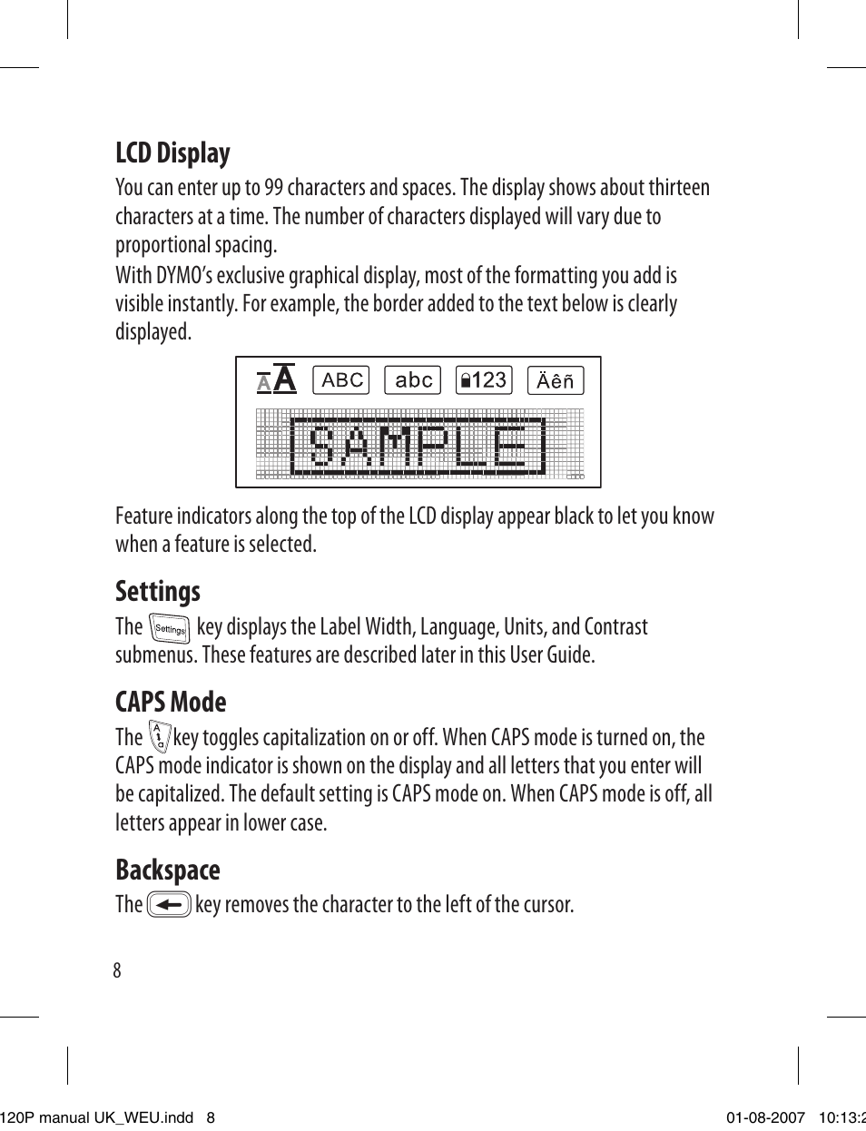 Lcd display, Settings, Caps mode | Backspace | Dymo LabelManager 120P User Manual | Page 8 / 20