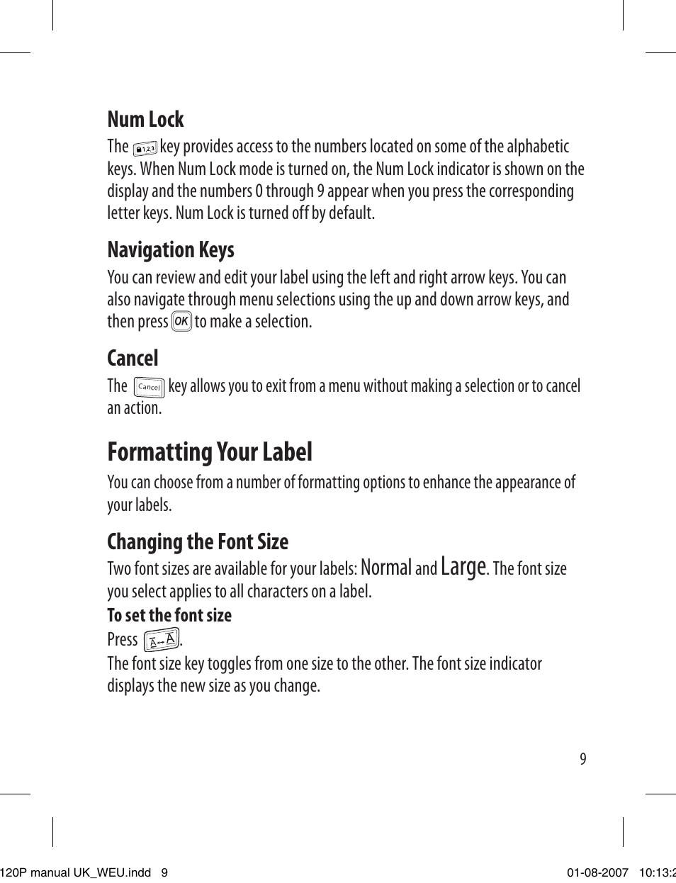 Formatting your label, Large, Num lock | Navigation keys, Cancel, Changing the font size, Normal | Dymo LabelManager 120P User Manual | Page 9 / 20