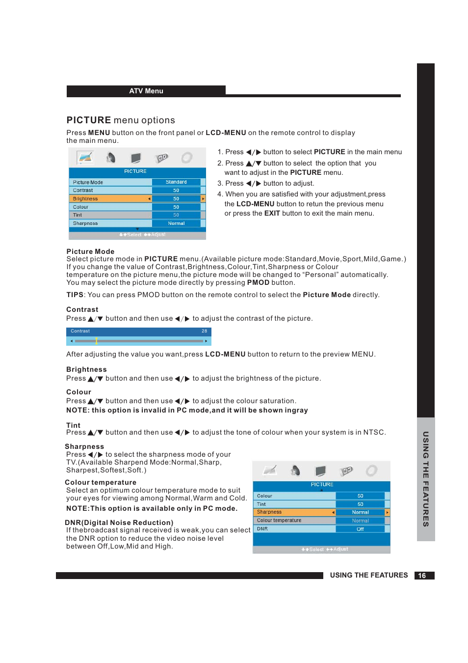 Picture menu options | Beko 22WLM550DHID User Manual | Page 17 / 33