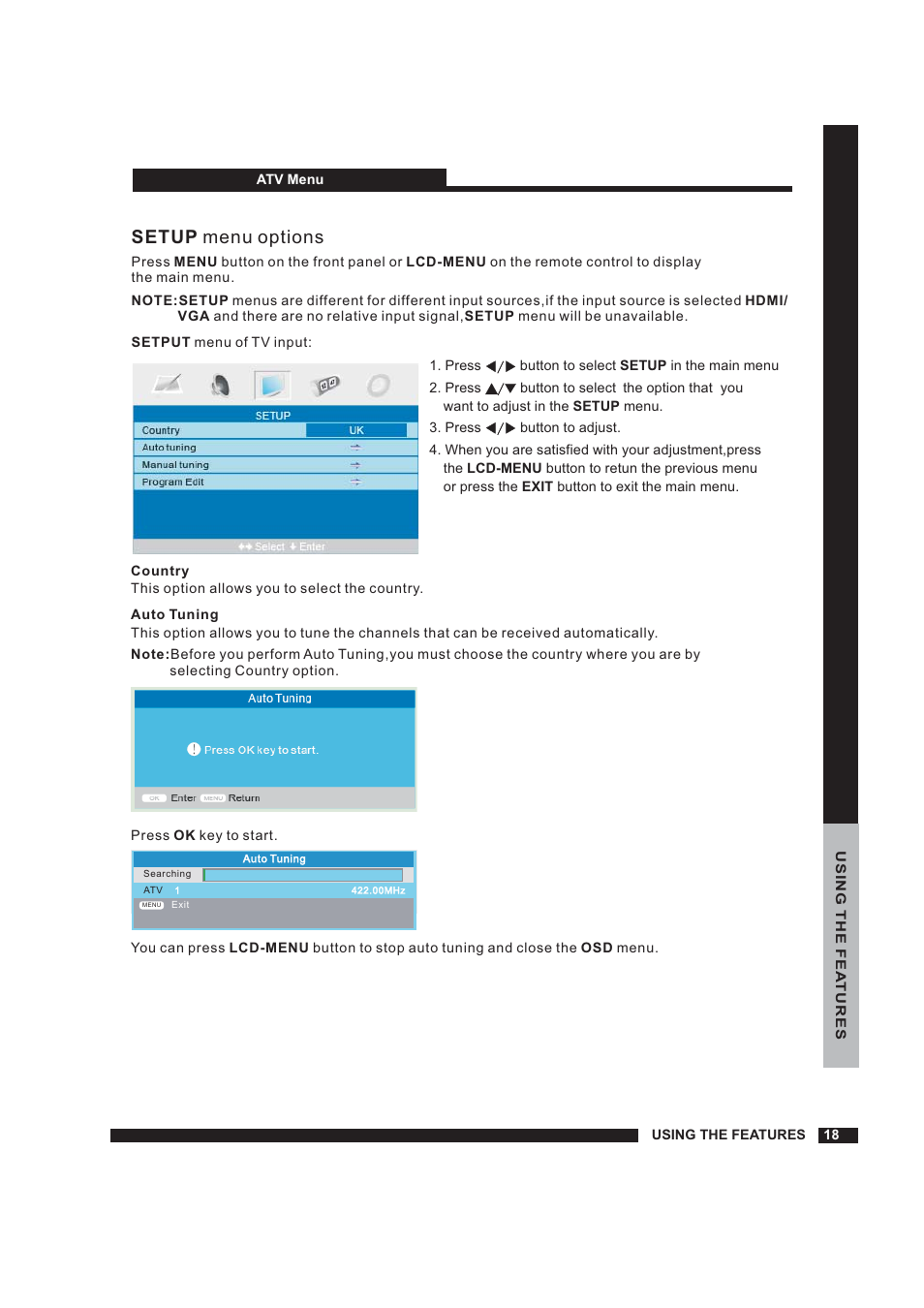 Setup, Setup menu options | Beko 22WLM550DHID User Manual | Page 19 / 33