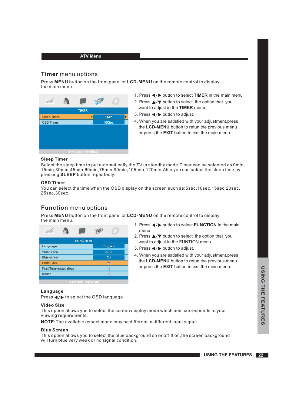 Setup, Timer menu options function menu options | Beko 22WLM550DHID User Manual | Page 23 / 33