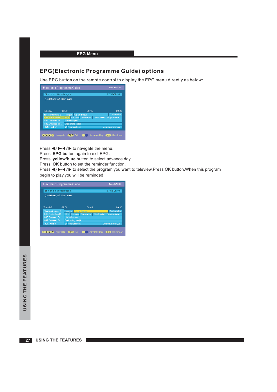 Setup, Epg(electronic programme guide) options | Beko 22WLM550DHID User Manual | Page 28 / 33