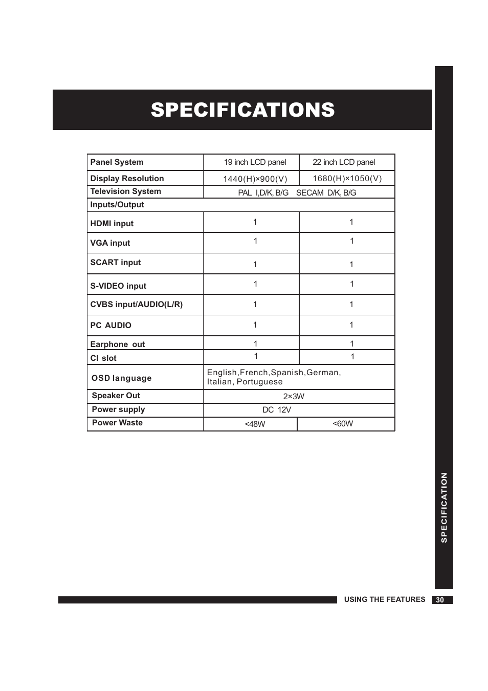 Specifications | Beko 22WLM550DHID User Manual | Page 31 / 33