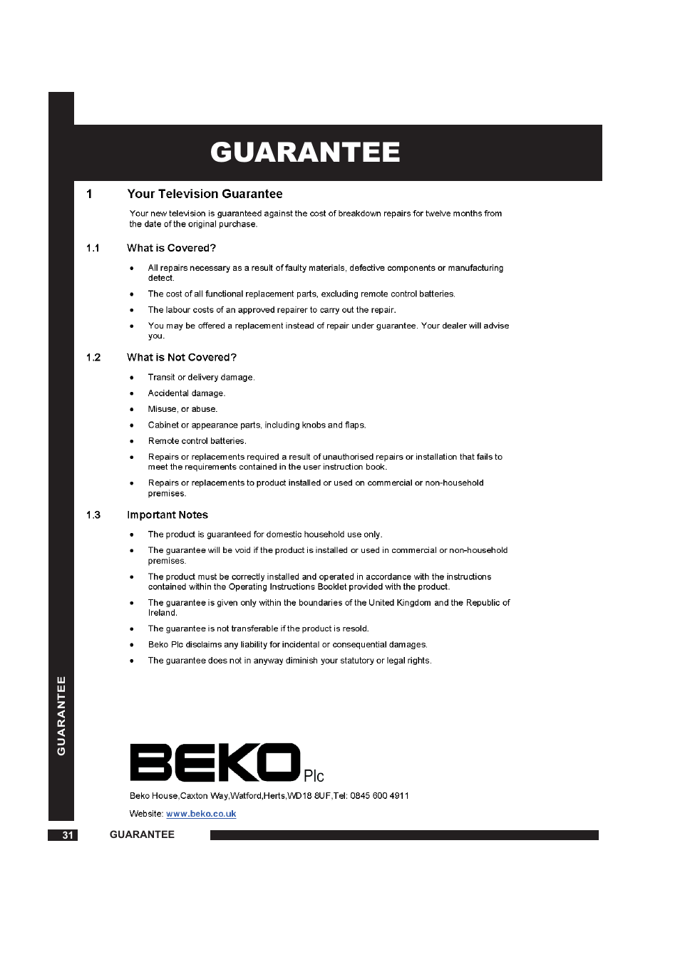 Guarantee | Beko 22WLM550DHID User Manual | Page 32 / 33