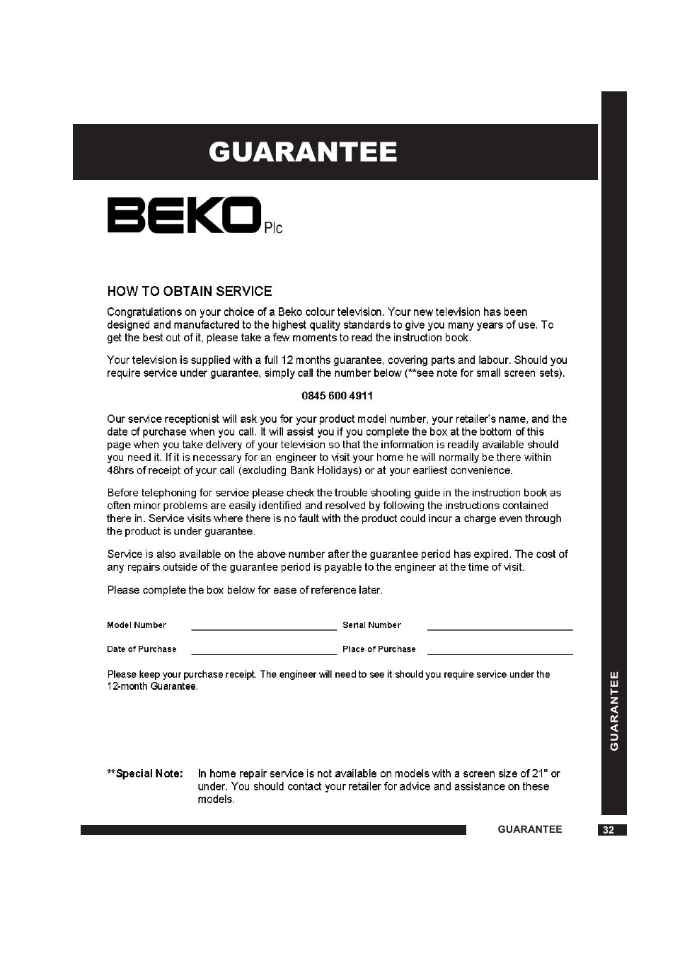 Guarantee | Beko 22WLM550DHID User Manual | Page 33 / 33