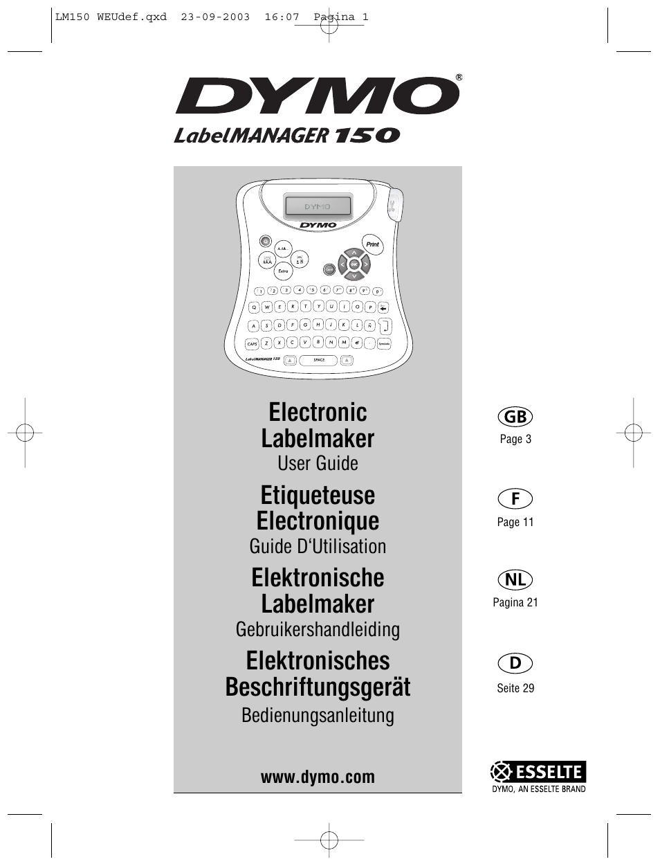 Dymo LabelManager 150 User Manual | 9 pages