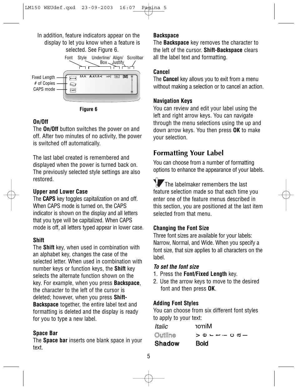 Formatting your label | Dymo LabelManager 150 User Manual | Page 5 / 9