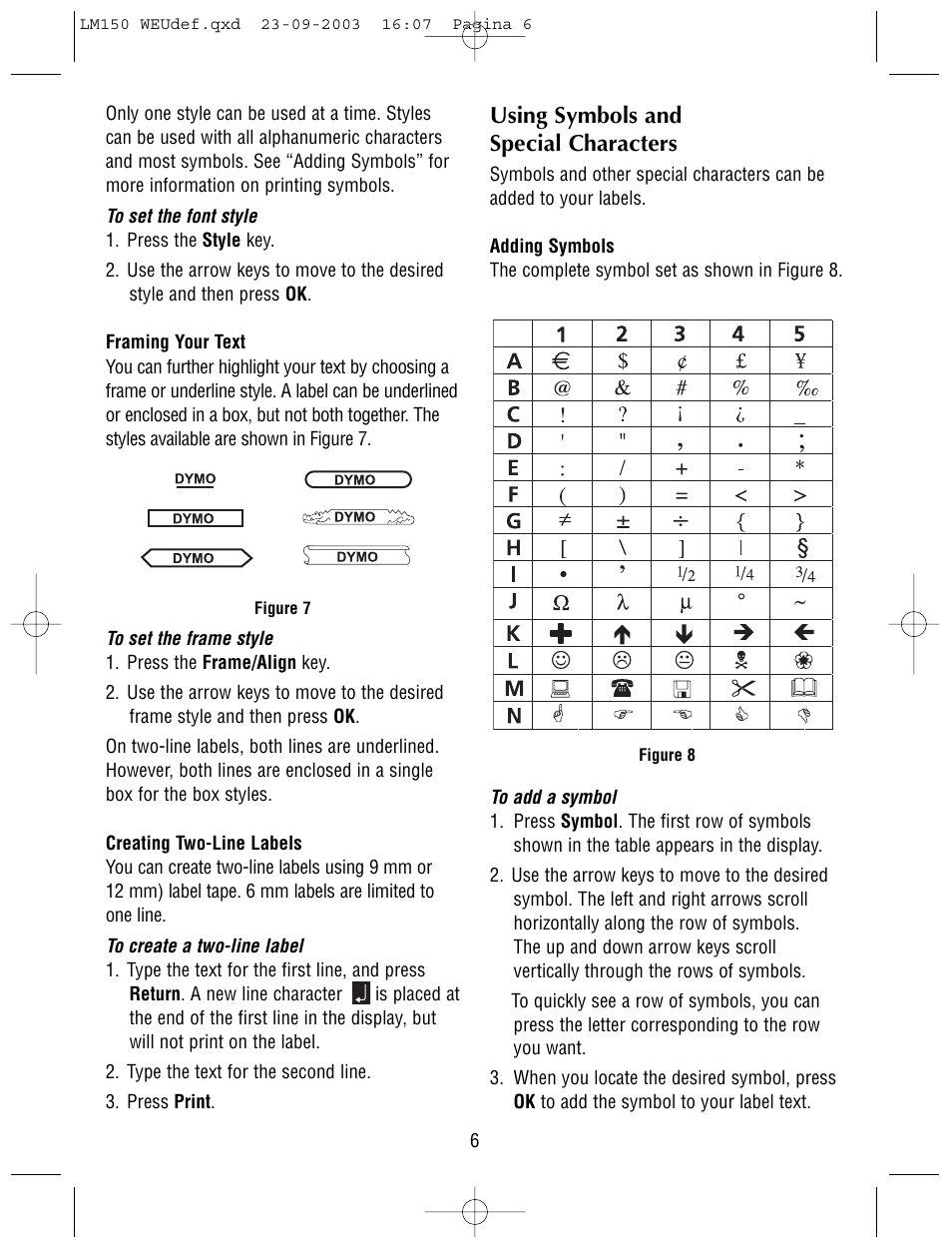 Using symbols and special characters | Dymo LabelManager 150 User Manual | Page 6 / 9