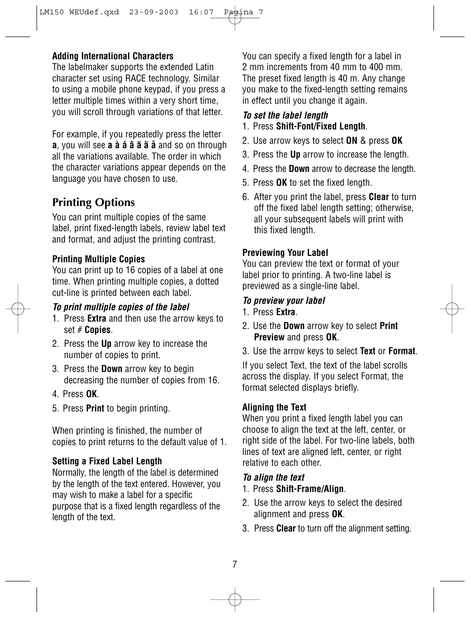 Printing options | Dymo LabelManager 150 User Manual | Page 7 / 9