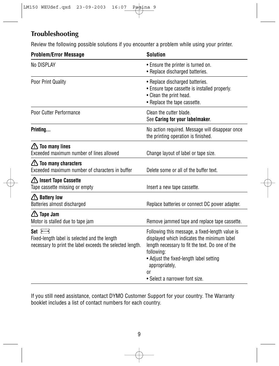 Troubleshooting | Dymo LabelManager 150 User Manual | Page 9 / 9