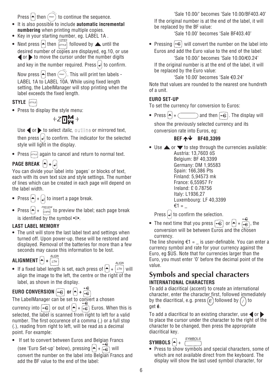 Symbols and special characters | Dymo LabelManager 200 User Manual | Page 10 / 12