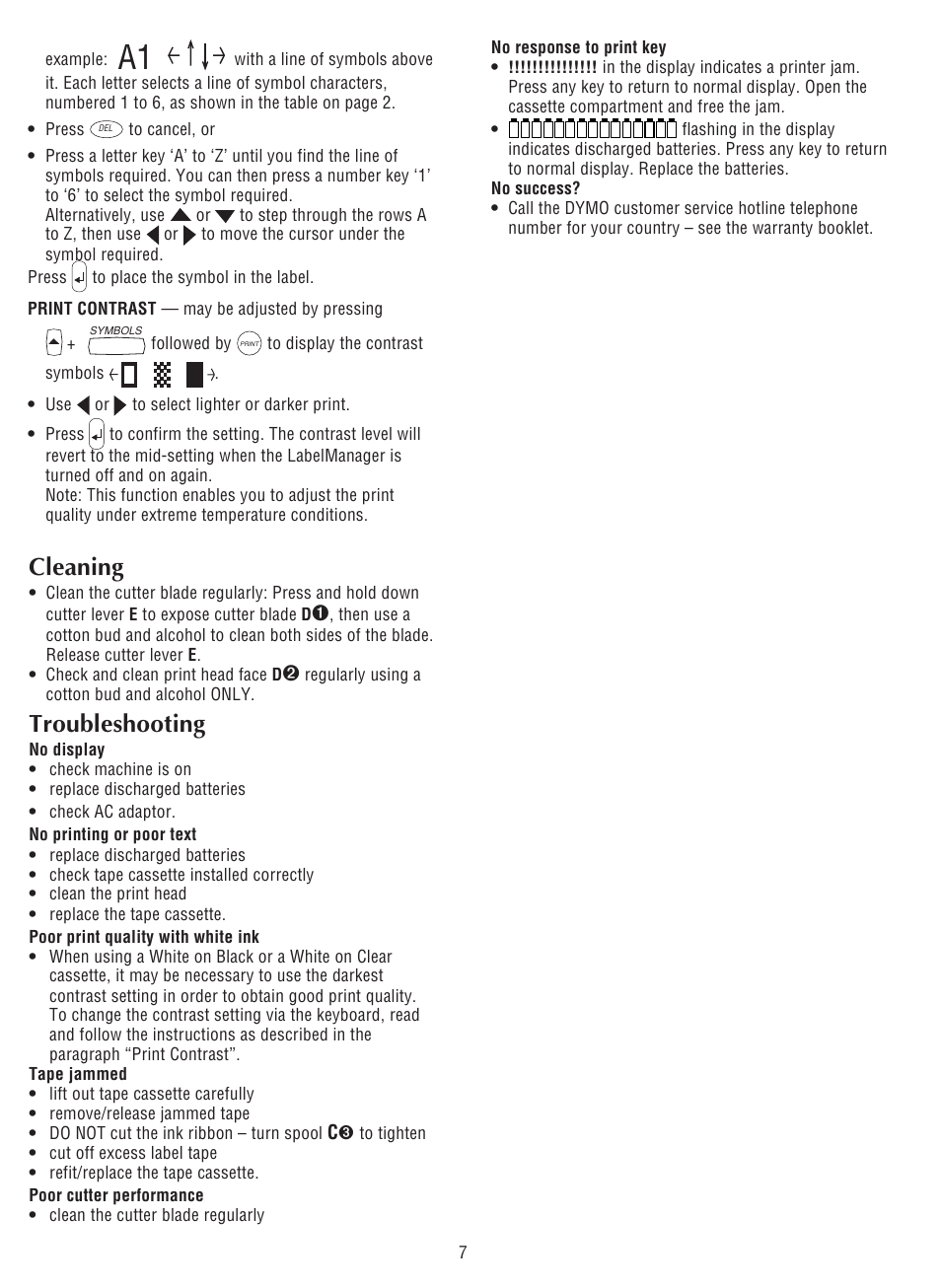 Cleaning, Troubleshooting | Dymo LabelManager 200 User Manual | Page 11 / 12