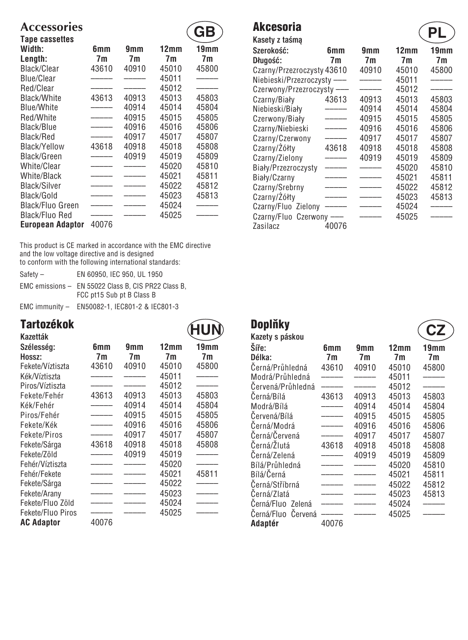 Hun cz pl gb, Tartozékok, Doplňky | Accessories, Akcesoria | Dymo LabelManager 200 User Manual | Page 4 / 12