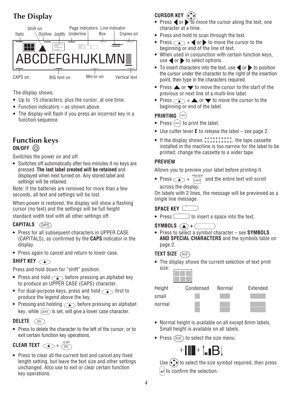 Abcdefghijklmn, The display, Function keys | Dymo LabelManager 200 User Manual | Page 8 / 12