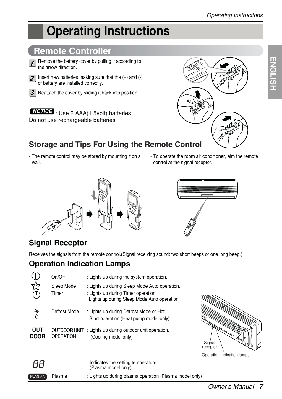 Operating instructions, Remote controller, English | Signal receptor, Operation indication lamps, Storage and tips for using the remote control | Beko LG-BKE 6450 D User Manual | Page 7 / 23