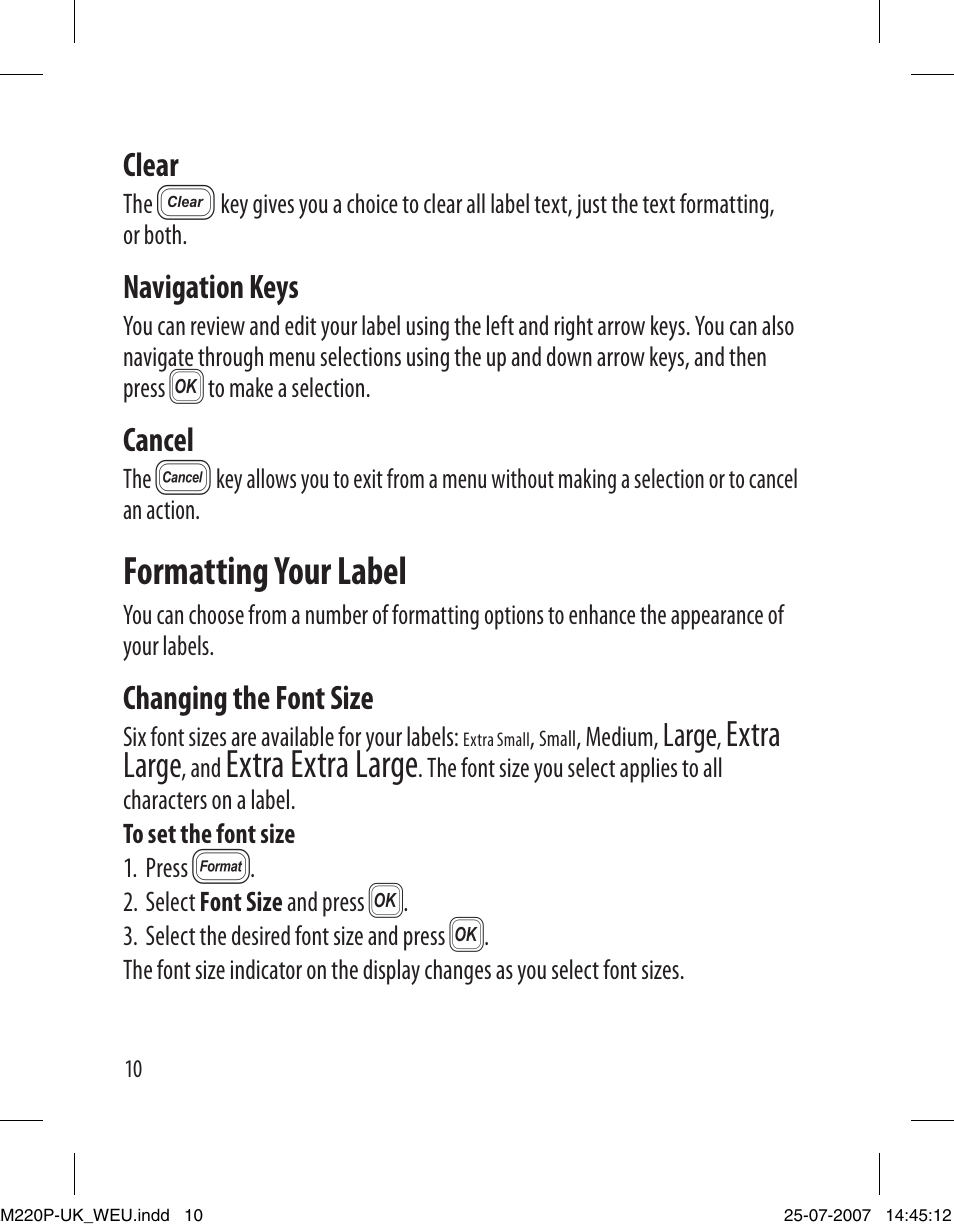 Formatting your label, Extra extra large, Extra large | Clear, Navigation keys, Cancel, Changing the font size, Large | Dymo LabelManager 220P User Manual | Page 10 / 26