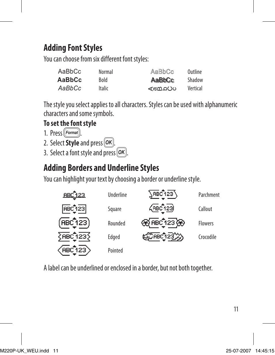 Adding font styles, Adding borders and underline styles | Dymo LabelManager 220P User Manual | Page 11 / 26