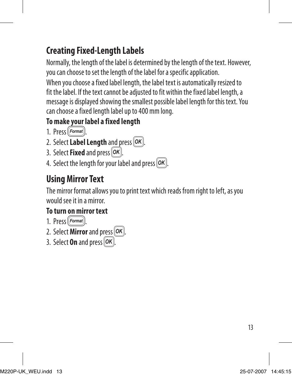 Creating fixed-length labels, Using mirror text | Dymo LabelManager 220P User Manual | Page 13 / 26