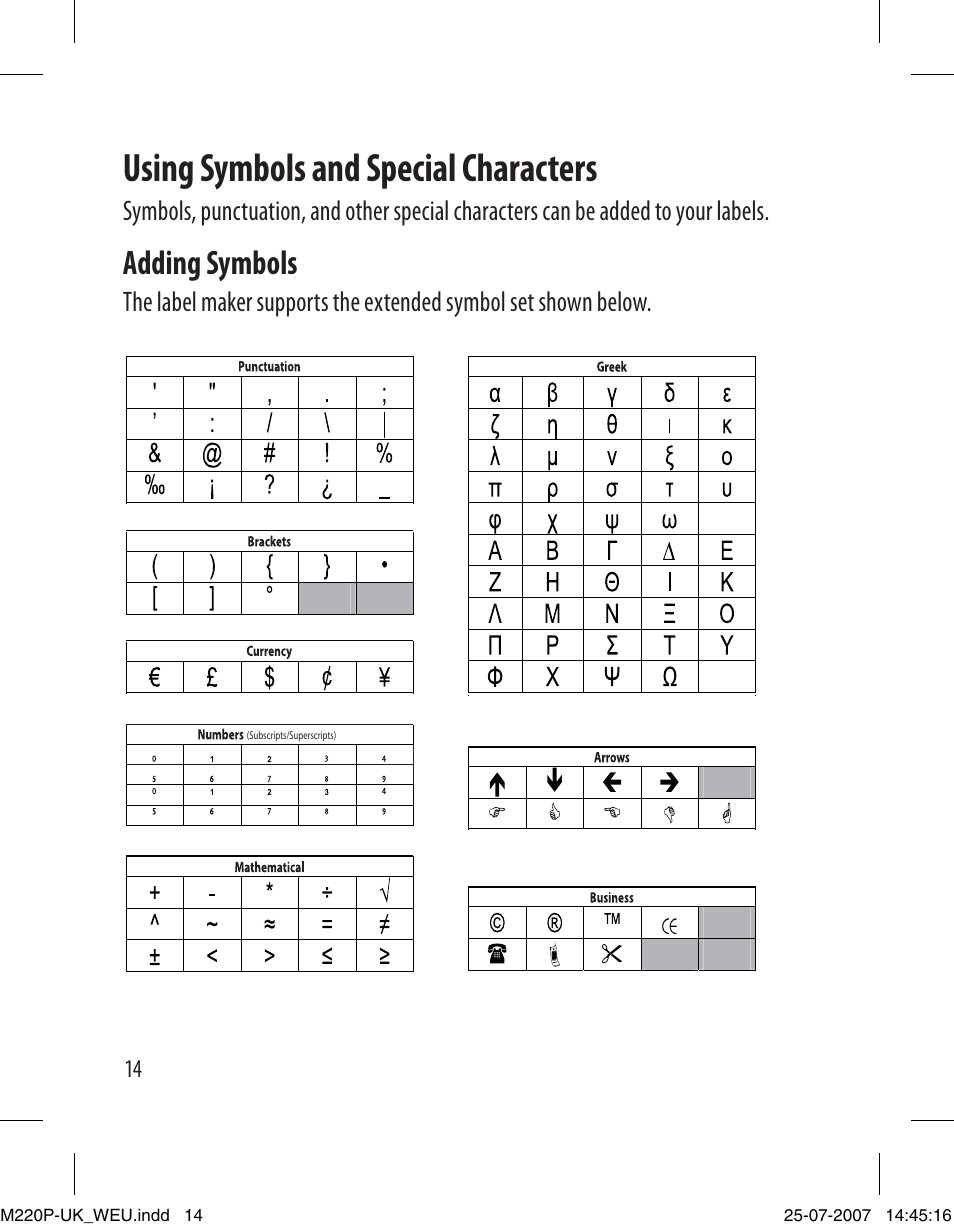 Using symbols and special characters, Adding symbols | Dymo LabelManager 220P User Manual | Page 14 / 26