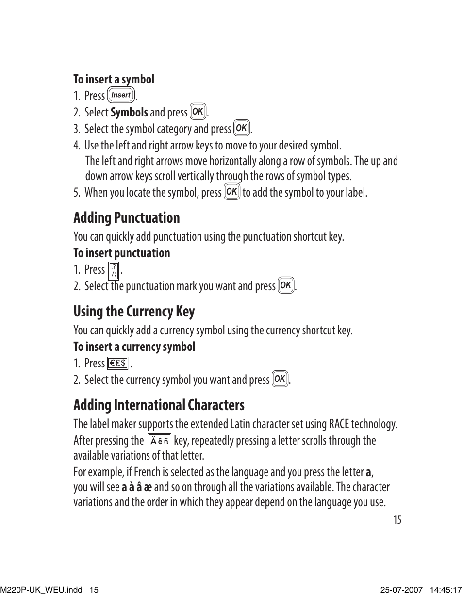 Adding punctuation, Using the currency key, Adding international characters | Dymo LabelManager 220P User Manual | Page 15 / 26