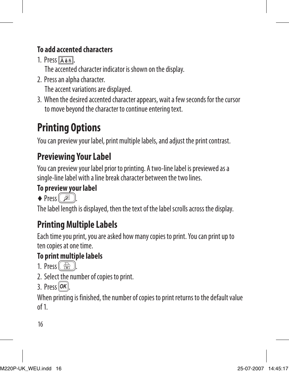 Printing options, Previewing your label, Printing multiple labels | Dymo LabelManager 220P User Manual | Page 16 / 26