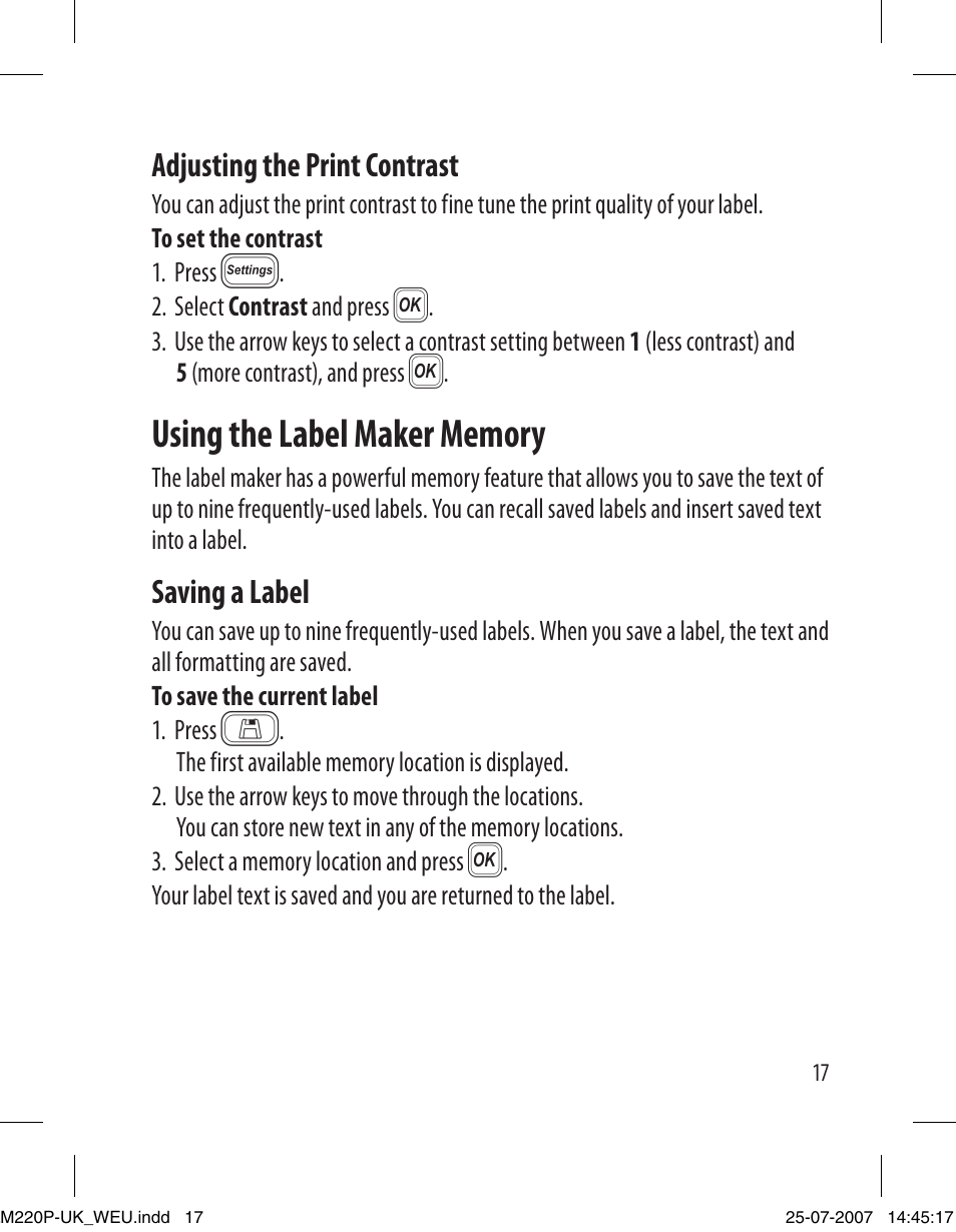 Adjusting the print contrast, Saving a label | Dymo LabelManager 220P User Manual | Page 17 / 26