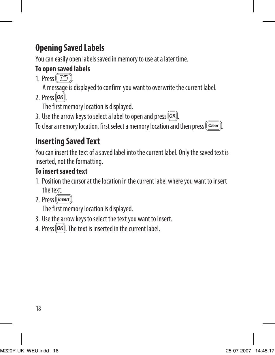 Opening saved labels, Inserting saved text | Dymo LabelManager 220P User Manual | Page 18 / 26