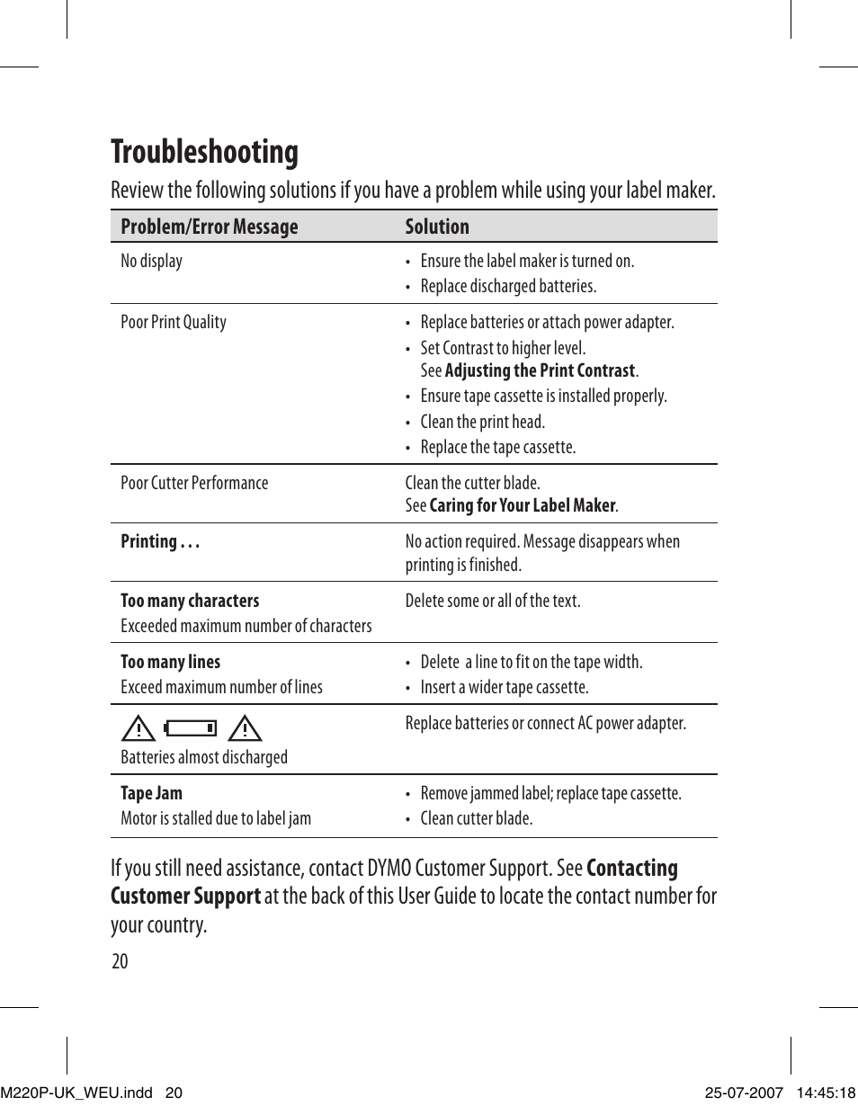 Troubleshooting | Dymo LabelManager 220P User Manual | Page 20 / 26