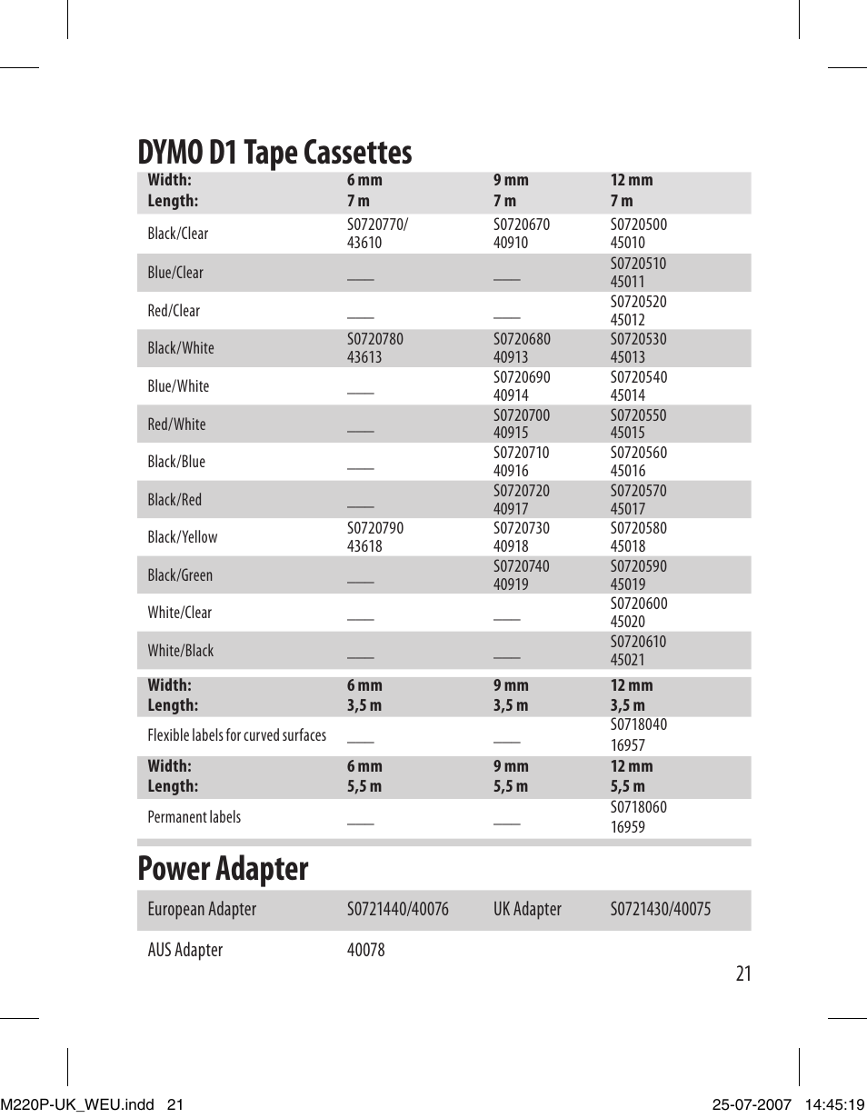 Dymo d1 tape cassettes, Power adapter | Dymo LabelManager 220P User Manual | Page 21 / 26