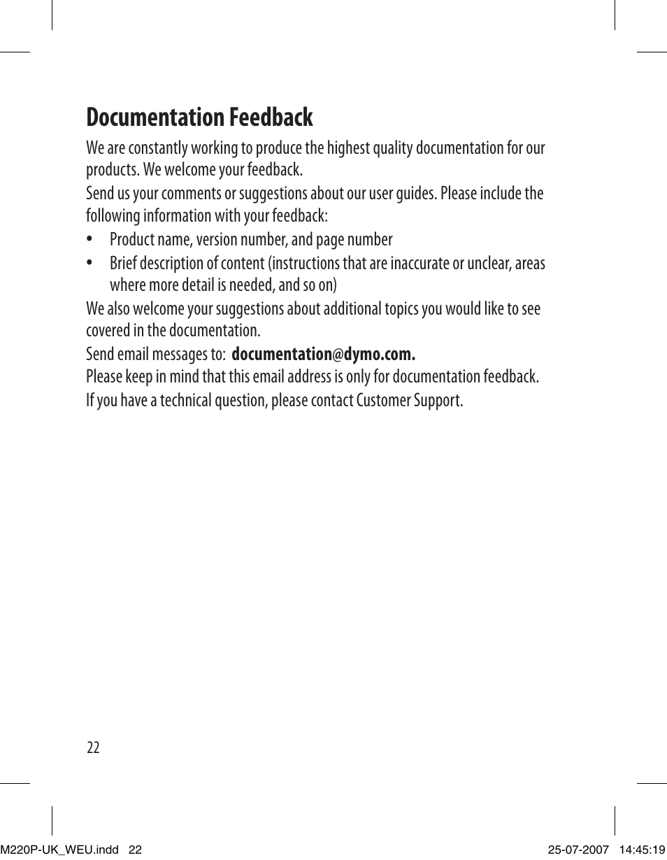 Documentation feedback | Dymo LabelManager 220P User Manual | Page 22 / 26