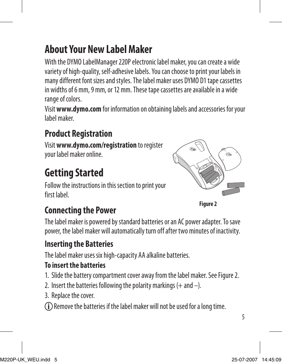 About your new label maker, Getting started, Product registration | Connecting the power | Dymo LabelManager 220P User Manual | Page 5 / 26