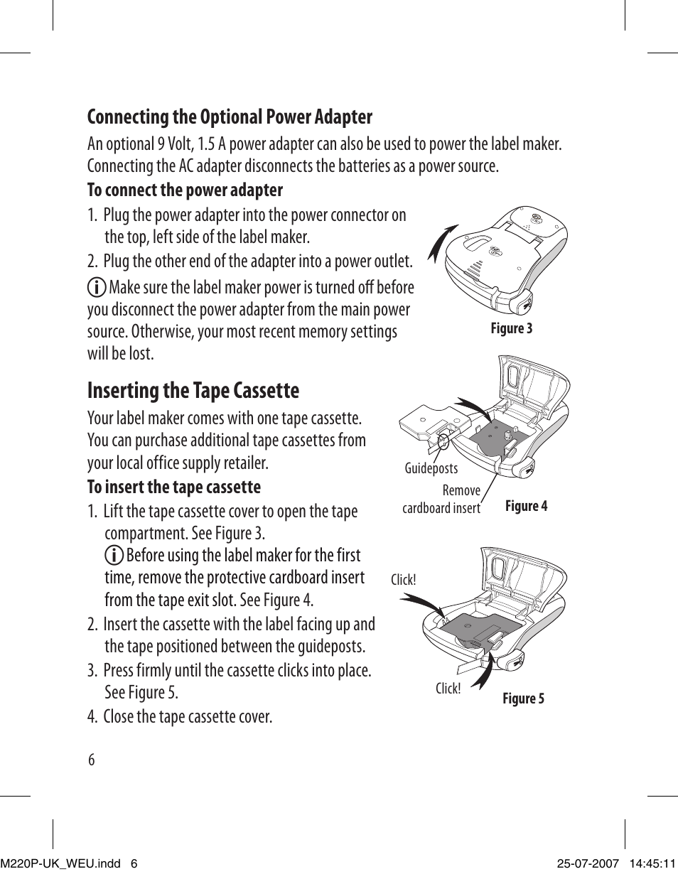 Inserting the tape cassette, Connecting the optional power adapter | Dymo LabelManager 220P User Manual | Page 6 / 26