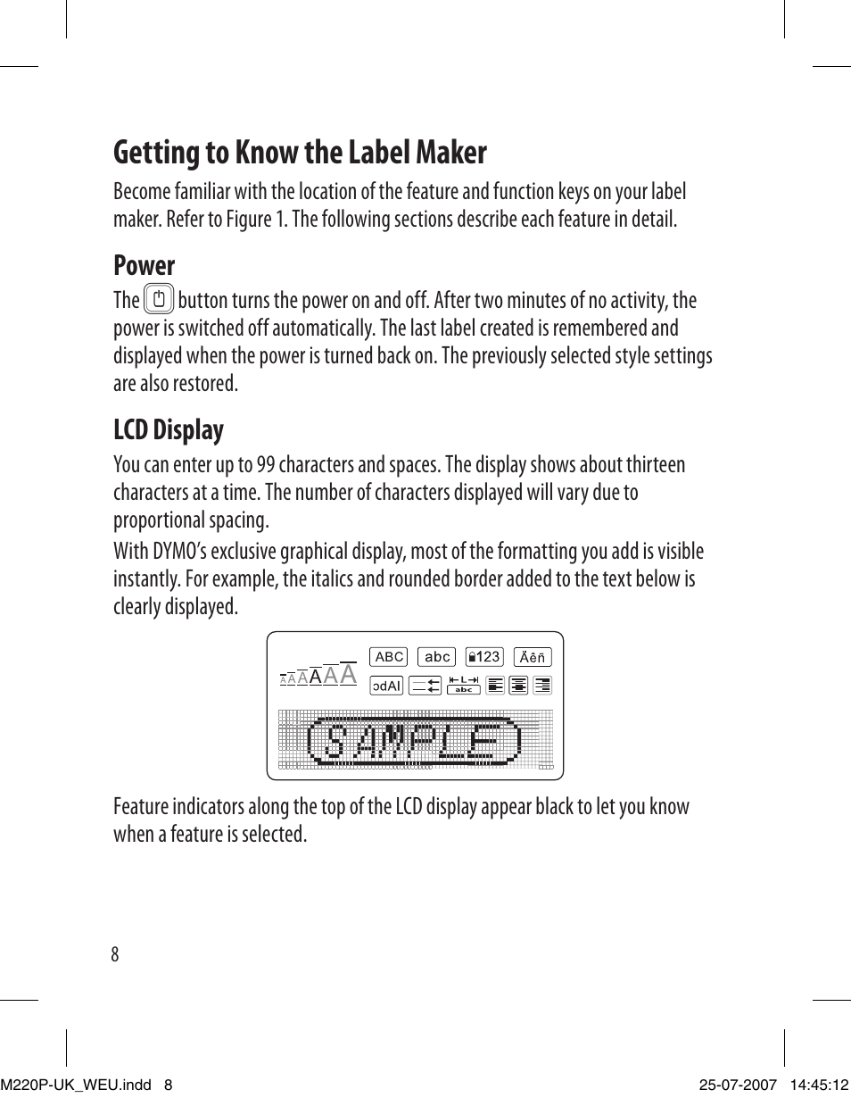 Getting to know the label maker, Power, Lcd display | Dymo LabelManager 220P User Manual | Page 8 / 26