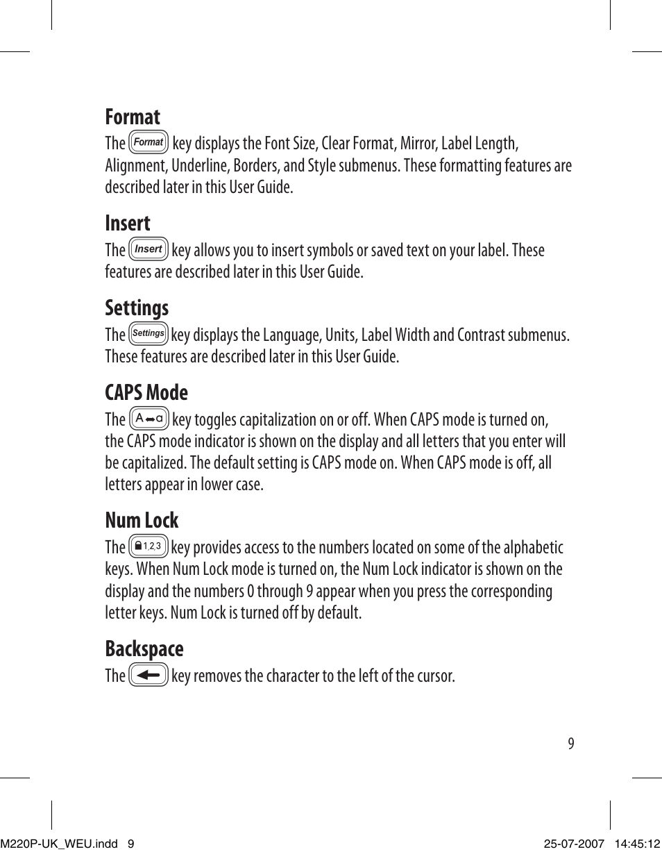 Format, Insert, Settings | Caps mode, Num lock, Backspace | Dymo LabelManager 220P User Manual | Page 9 / 26