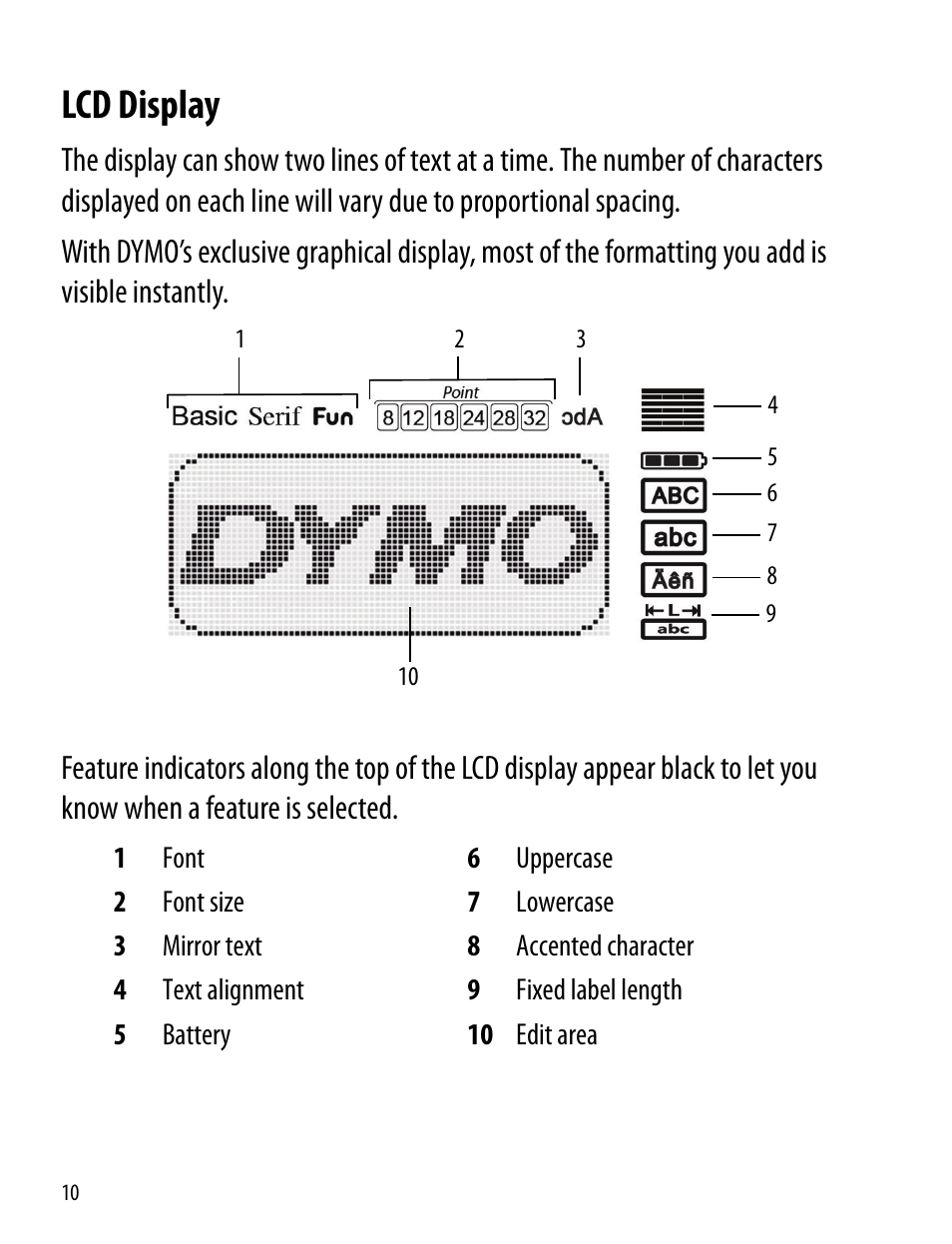Lcd display | Dymo LabelManager 260P User Manual | Page 10 / 114