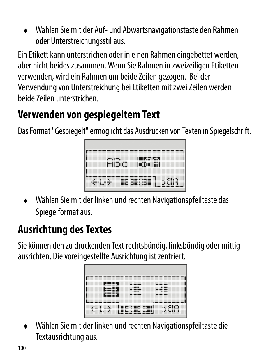 Verwenden von gespiegeltem text, Ausrichtung des textes | Dymo LabelManager 260P User Manual | Page 100 / 114
